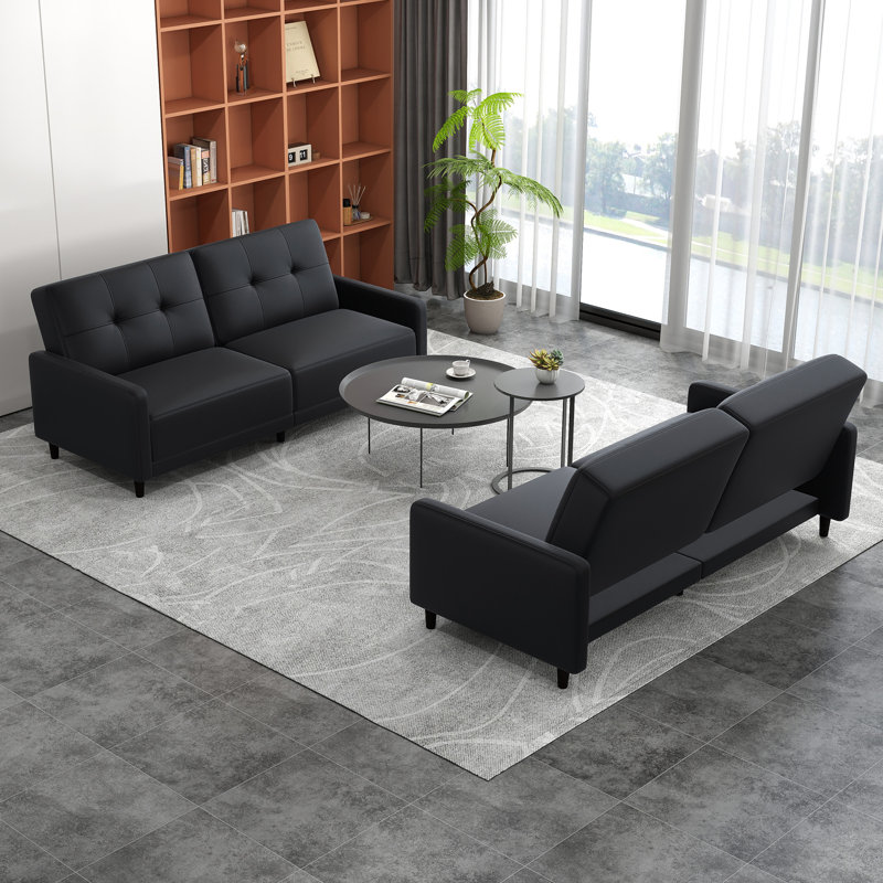 Loftus Twin 76'' Faux Leather Tufted Convertible Sofa (Set of 2), Black Faux Leather