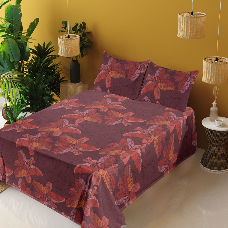 Ambesonne Watercolor Botany Sheet Set 4 Pcs Retro Boho Bloom, Dark Coral Vermilion Ruby Floral