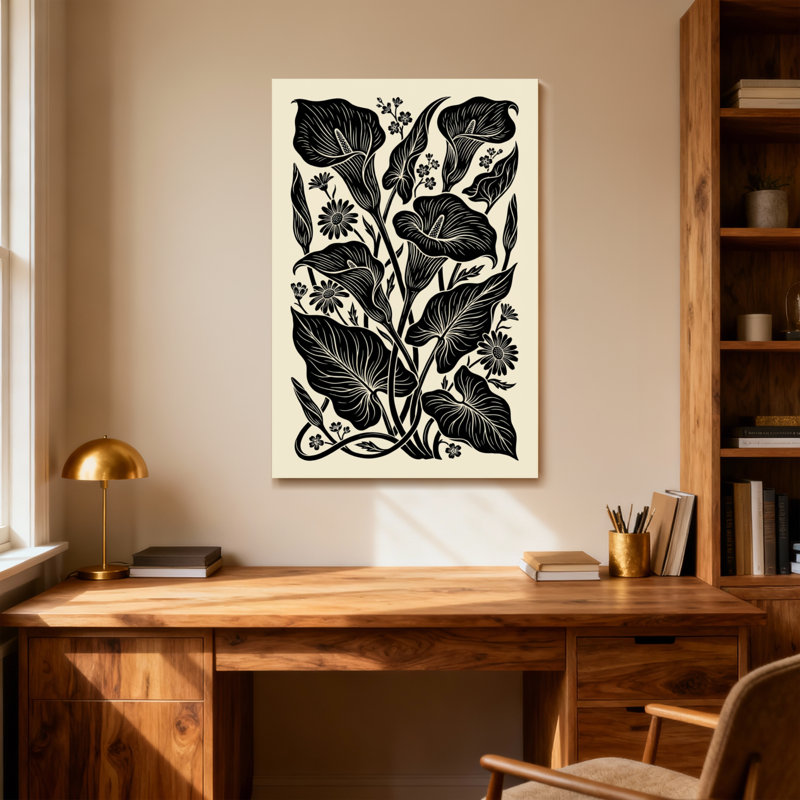 Plantes et fleurs, motif botanique floral noir et blanc, H 40 po x l 28 po