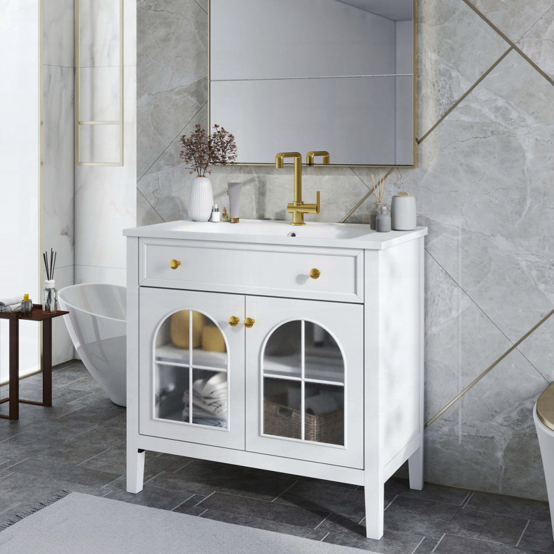 Mid-Century Bathroom Vanity with Motion-Sensor Light & Patterned Glass