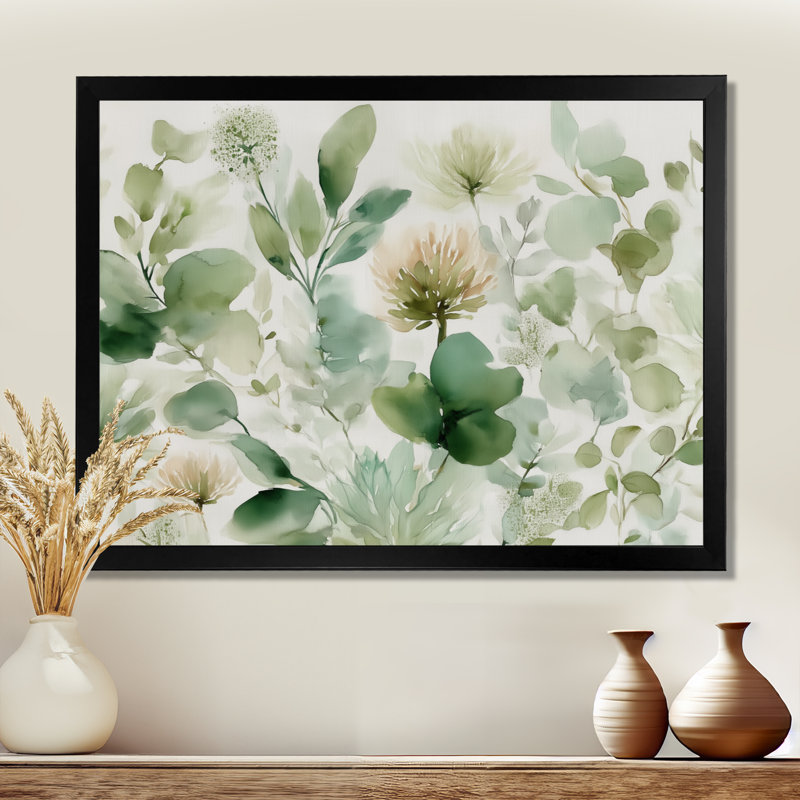 «Watercolor Greenery Sage Watercolor - Plants», impression sur toile botanique verte, H 24 po x l 32 po, Cadre photo unique