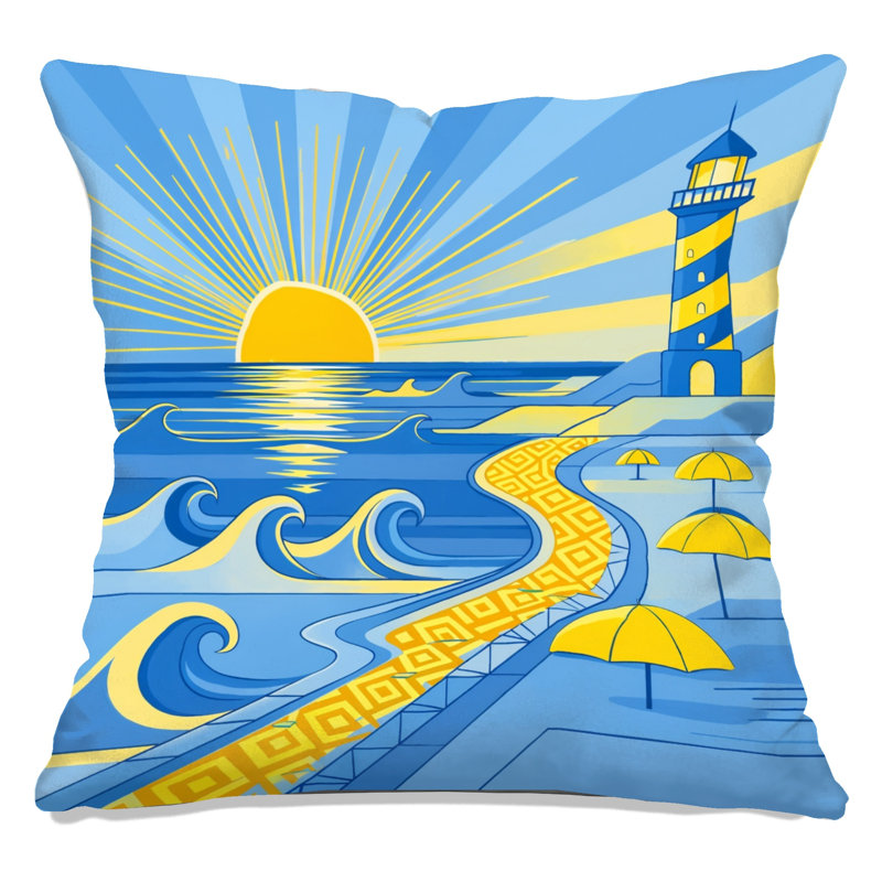 Beach Scene Geometric Linen Throw Pillow, 26 x 26 pouces, Bright Blue and Lemon Yellow