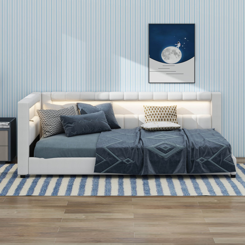 Upholstered Daybed With Storage, L-Shaped Daybed With LED Belt And USB Ports, Linen Fabric Day Bed Frame, Full XL, White