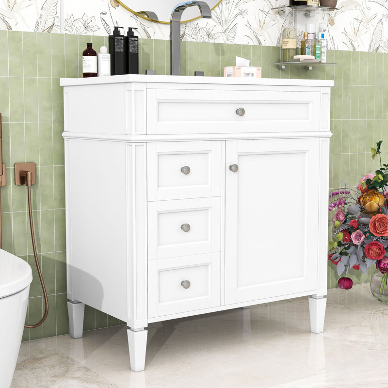 30-Inch Bathroom Vanity with Ceramic Top, Soft-Close Door Cabient and 3 Drawers, White