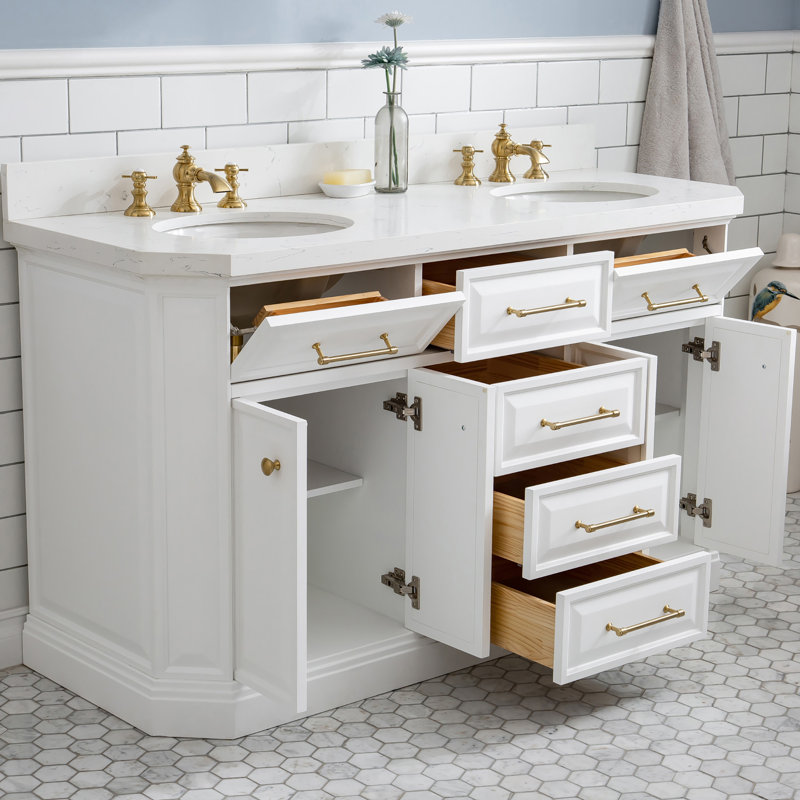 Bruning 60" Carrara Quartz Countertop Bath Vanity with Faucet, Pure White, Satin Brass Deck Mount