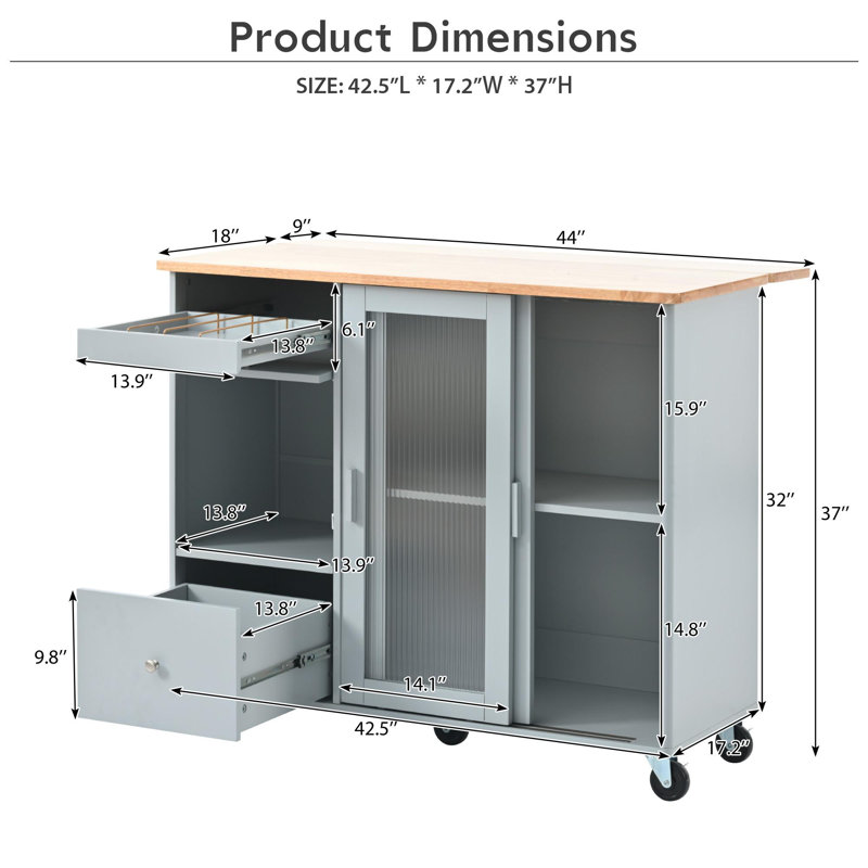 Kitchen Island with Drop Leaf, Gray Blue