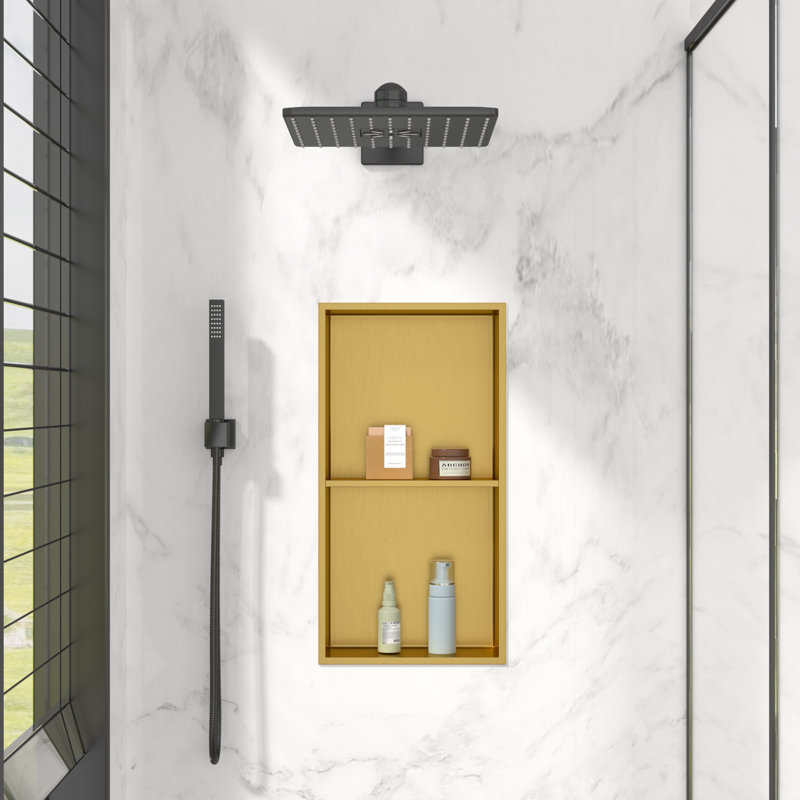 Niche de douche de salle de bain à double tablette l 13 po x H 25 po, niche murale rectangulaire en acier inoxydable, or brossé