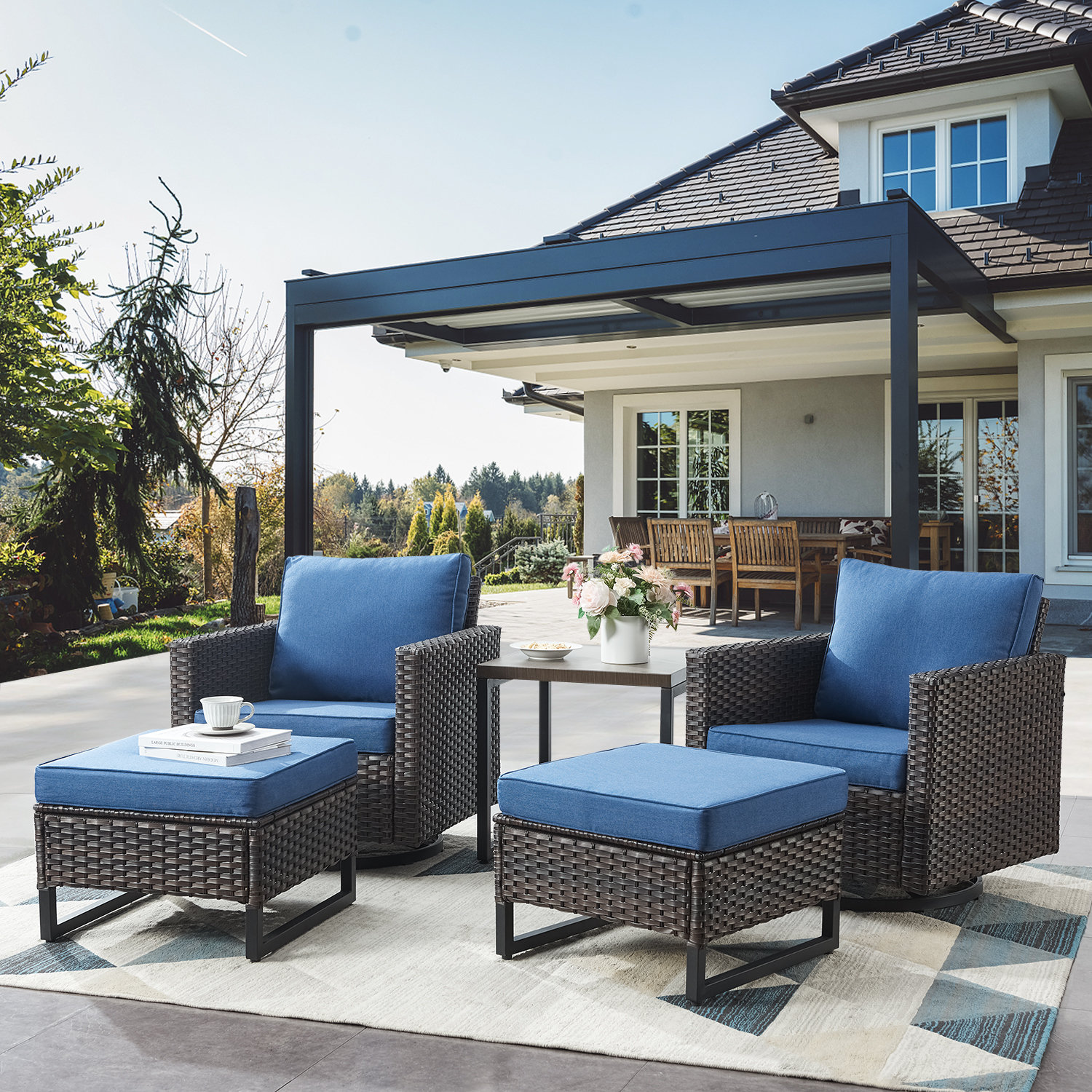 Hokku Designs Outdoor Wicker Swivel Gliding Chairs With Ottomans Wayfair