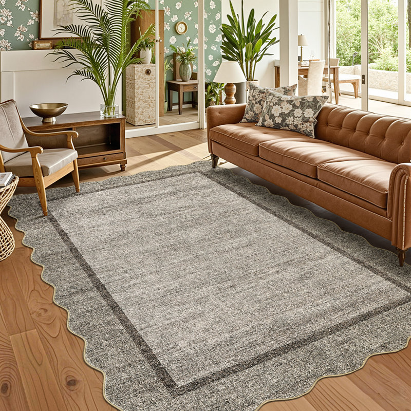 Scalloped Machine Washable Rug Non-Slip Bordered Floor Mats Non-Shedding Soft Low Pile Modern Accent Rugs for Living Room Bedroom Office