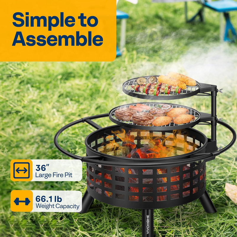 36 Inch Wood Burning Fire Pit With 2 Cooking Grill Grates
