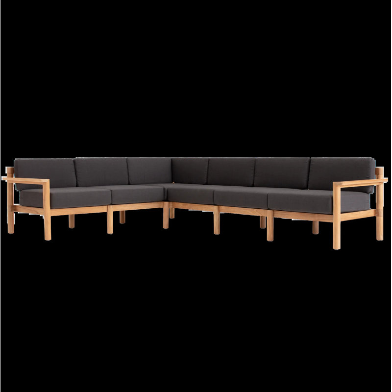 Haven 6-Piece Teak Outdoor Sectional with Sunbrella Cushions and Wooden Armrest in Rust, Sunbrella Coal