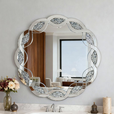 Miroir mural argenté à motif de losanges ronds, miroir décoratif à cadre ondulé de 31,5 pouces pour le salon, la salle de bain, la chambre à coucher, le couloir, cadre robuste avec 2 cintres
