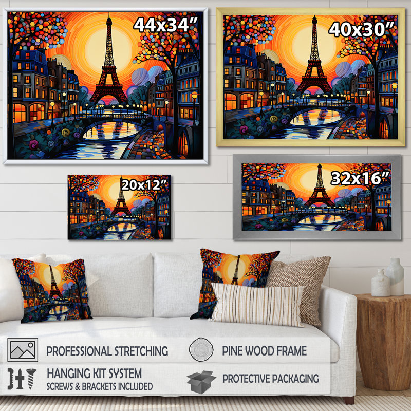 Coucher de soleil jaune et rouge sur Paris - Art mural de la ville de Paris, Cadre de coin blanc fermé