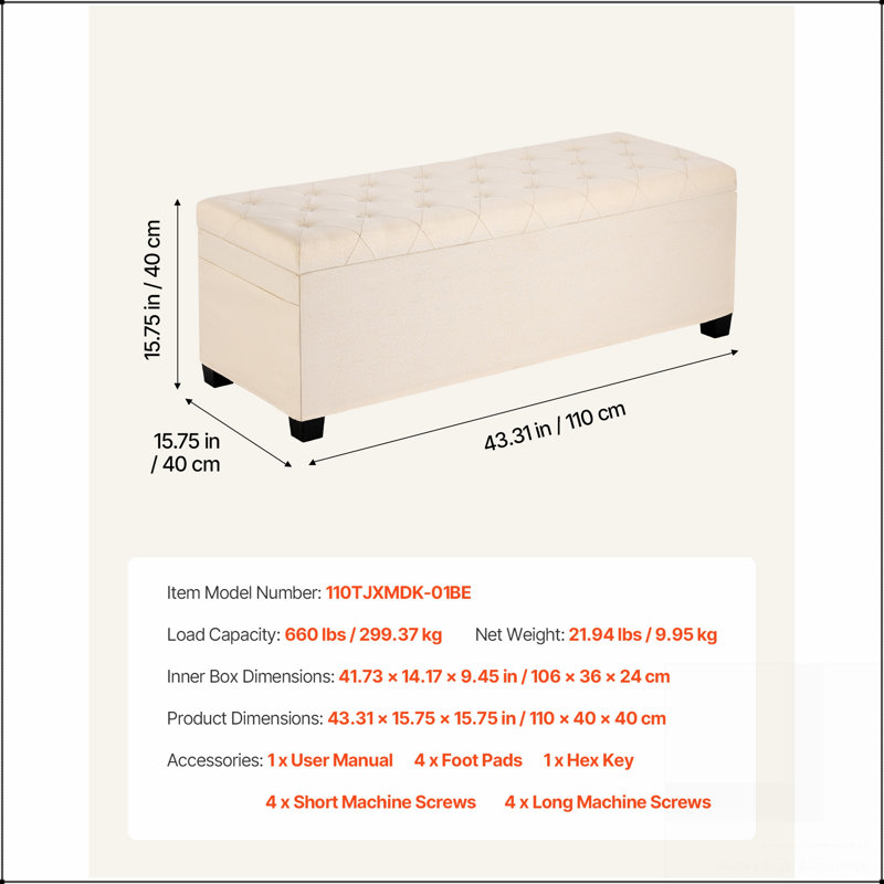 Banc de rangement avec repose-pieds, banc de bout capitonné avec sacs latéraux, commode de rangement rembourrée avec structure en métal, repose-pieds en lin pour le salon, la chambre à coucher, l'entrée, le bureau