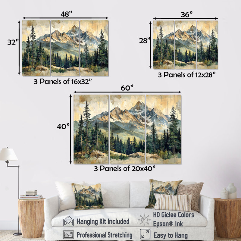 Paysage de montagne en montagne I - Art mural montagnes - ensemble de 3, H 40 po x l 60 po, Toile tendue, Ne s’applique pas