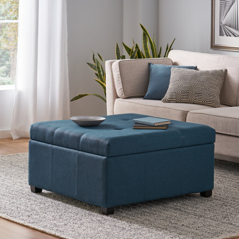 Repose-pieds carré capitonné avec rangement de 35 po Jamil, Mélange de polyester bleu foncé