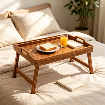 Plateau de table en bois d'acacia avec support pour téléphone et tablette, bureau de table pliable pour manger, plateau de service de petit-déjeuner avec poignées de transport, pieds robustes pour canapé et collations de cinéma