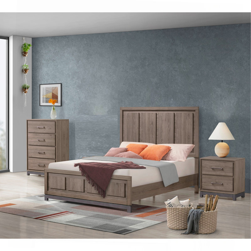 Commode de rangement contemporaine 1 tiroir 4 poignées en métal avec finition chêne gris