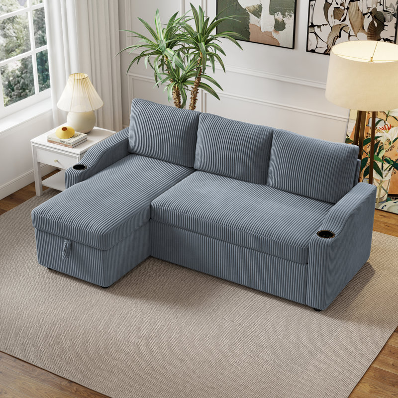 81-Inch Corduroy Sofa Bed, 2-In-1 Foldable Sofa Bed With Storage Space., Gray