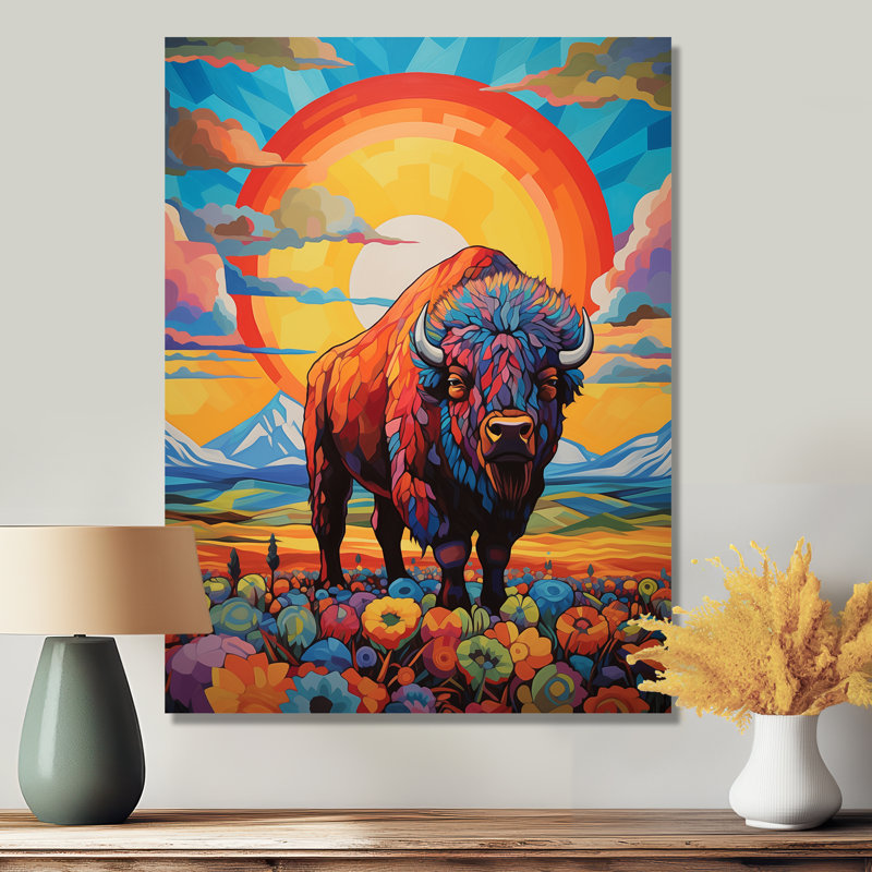 «Bison in Floral Mountain Landscape At Sunset II - Buffalo / Bison Animal», reproduction d'art murale, Métal métal