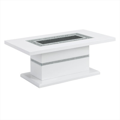 52-Inch Rectangle Coffee Table, Contemporary Style, White-Toned Solid Wood and MDF with Glass Inlay