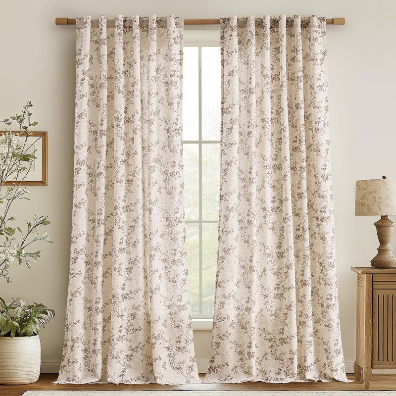 Semi Sheer Linen Blend French Floral Printed Rod Pocket Curtain Pair, 50" W x 96" L, Taupe