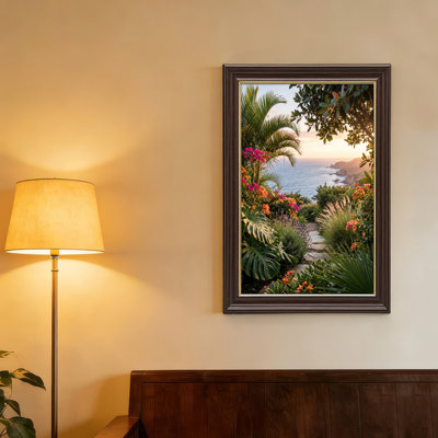Art mural antique sur toile encadré doré pour le salon, la chambre à coucher, le bureau ou le vestibule - Décoration murale décorative avec jardin tropical