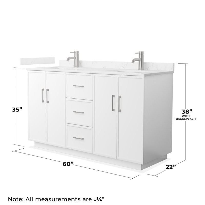 Meuble-lavabo double 60 po Elan TK, Marbre de culture de Carrare, Blanc, Nickel brossé