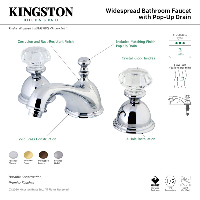 Kingston Brass Celebrity Two-Handle 3-Hole Deck Mount Widespread Bathroom Faucet with Brass Pop-Up Drain, Polished Chrome