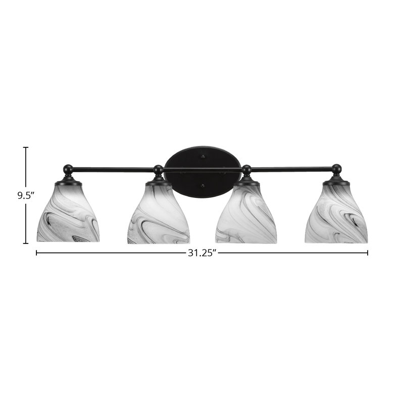 Capri 4 Light Bath Bar Shown In Matte Black Finish With 6.25" Onyx Swirl Glass