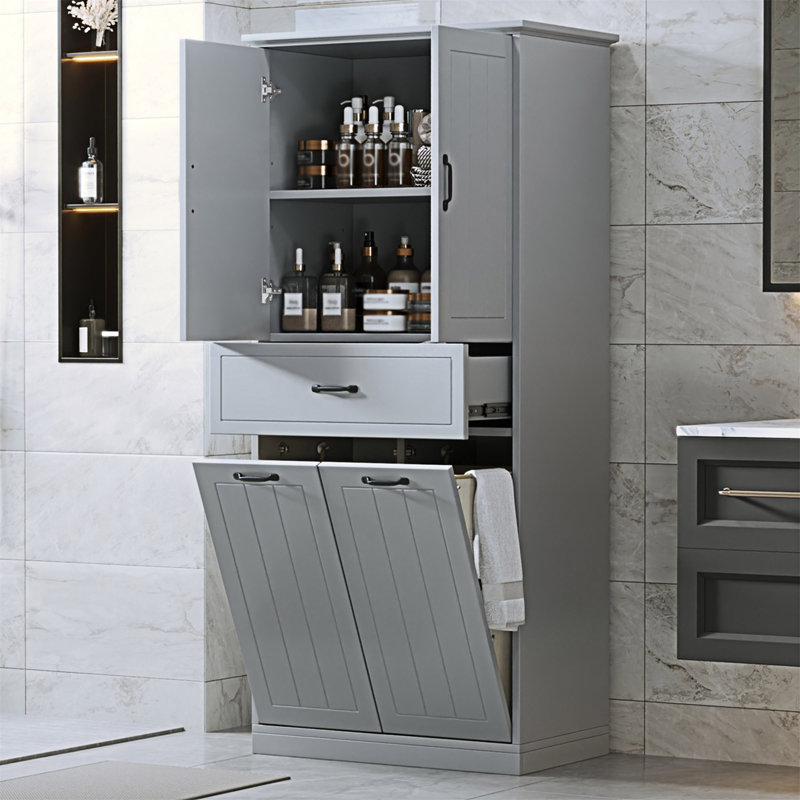 Bathroom Storage Cabinet With Laundry Basket, Gray