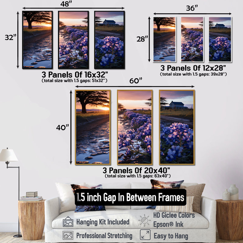 Ensemble de salon mauve à champ mauve avec coucher de soleil - Bonnets bleus, Cadre flottant doré, H 32 po x l 48 po x P 1 po