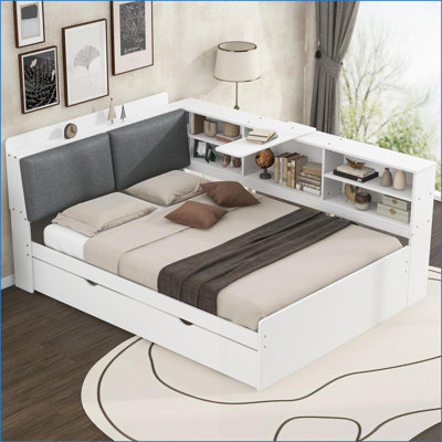 Full Size Pine Wood Platform Bed with Trundle, Storage Headboard &amp; Shelves - White, No Box Spring Needed