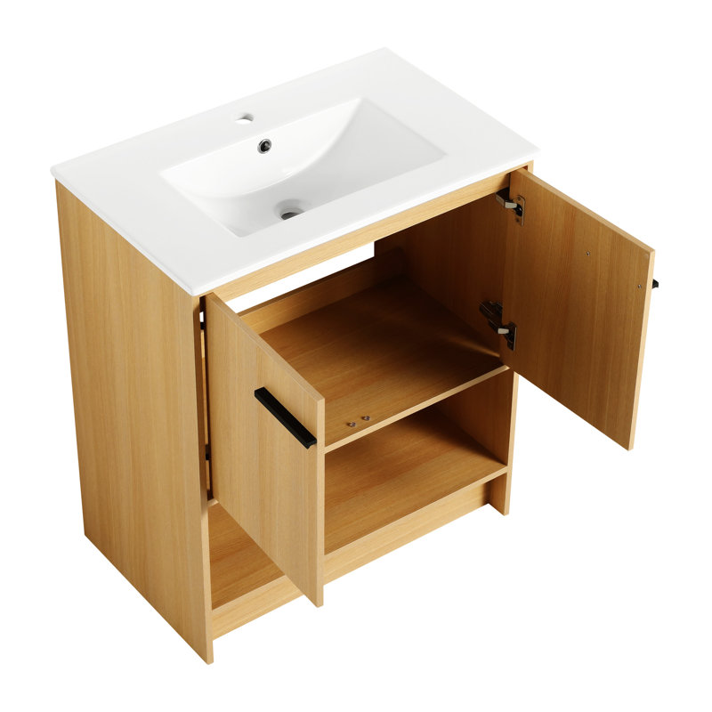Meuble-lavabo de salle de bain 30 po avec lavabo en céramique, Noir, noir, noir, noir, Chêne