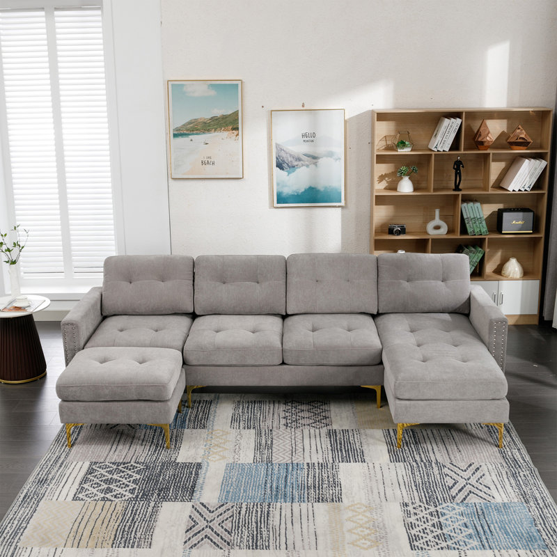 110.6" L-Shape Convertible Sectional Sofa Couch With Movable Ottoman For Living Room, Light Gray Velvet