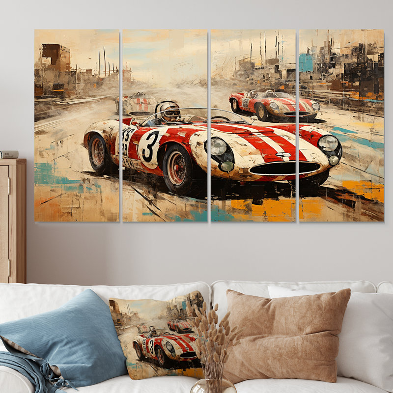 «Red Car 1950s Race Car Tracks II» - art mural 4 pièces, H 28 po x l 48 po