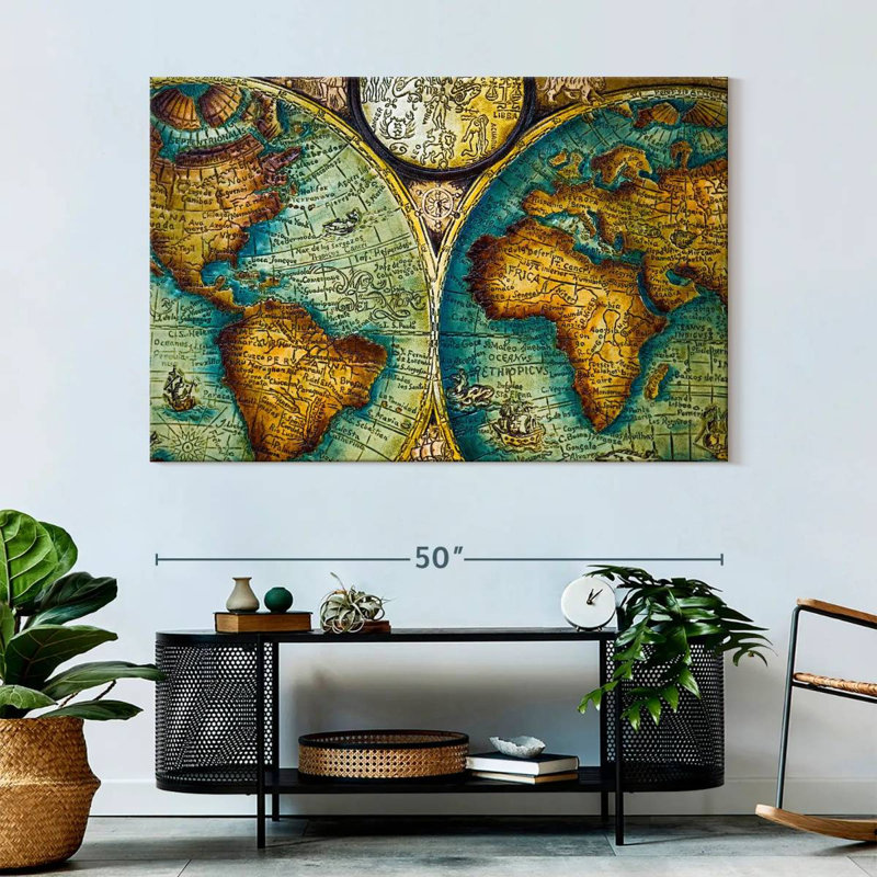 Carte du vieux monde sur toile, H 34 po x l 51 po x P 1,25 po
