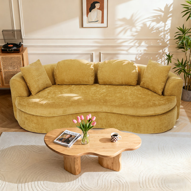 Bonelesss 94.88” Curved Cloud Sofa Couch, No Assembly Required Compression Sofa Bed with Deep Seat, 4 Pillows, Yellow