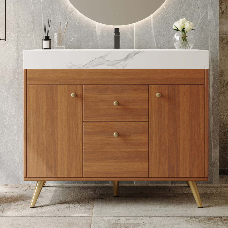 Meuble-lavabo autoportant moderne avec plateau en pierre frittée et rangement intelligent, Blanc