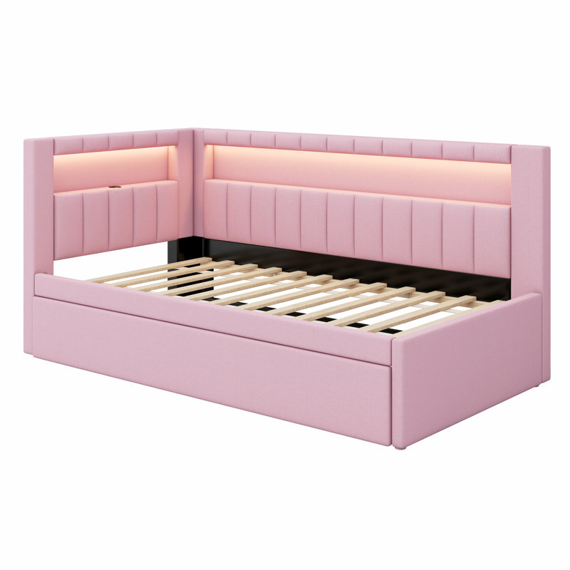Lit plateforme tapissier avec ports USB et ceinture à DEL, avec lit gigogne, Rose