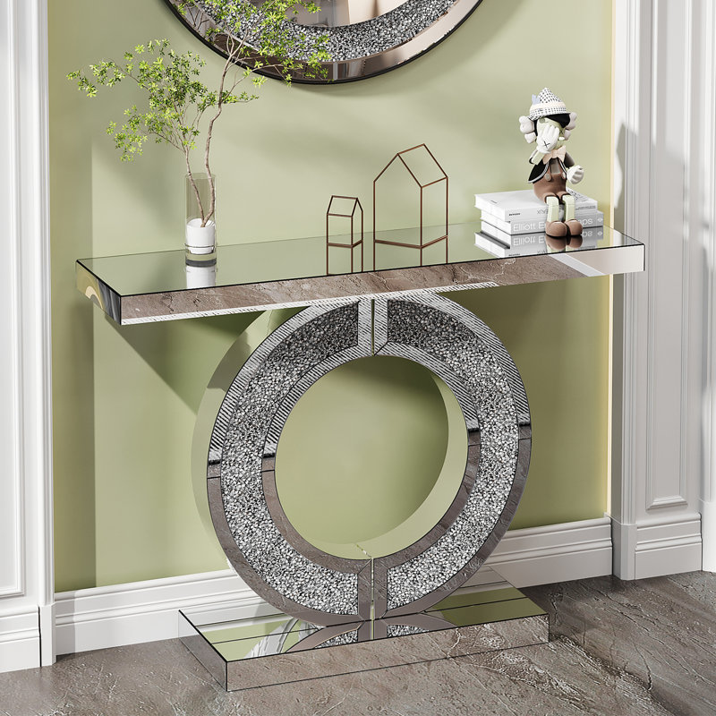 Table console moderne avec miroir large de 42,9 po avec base en forme de O Crystal, Argent