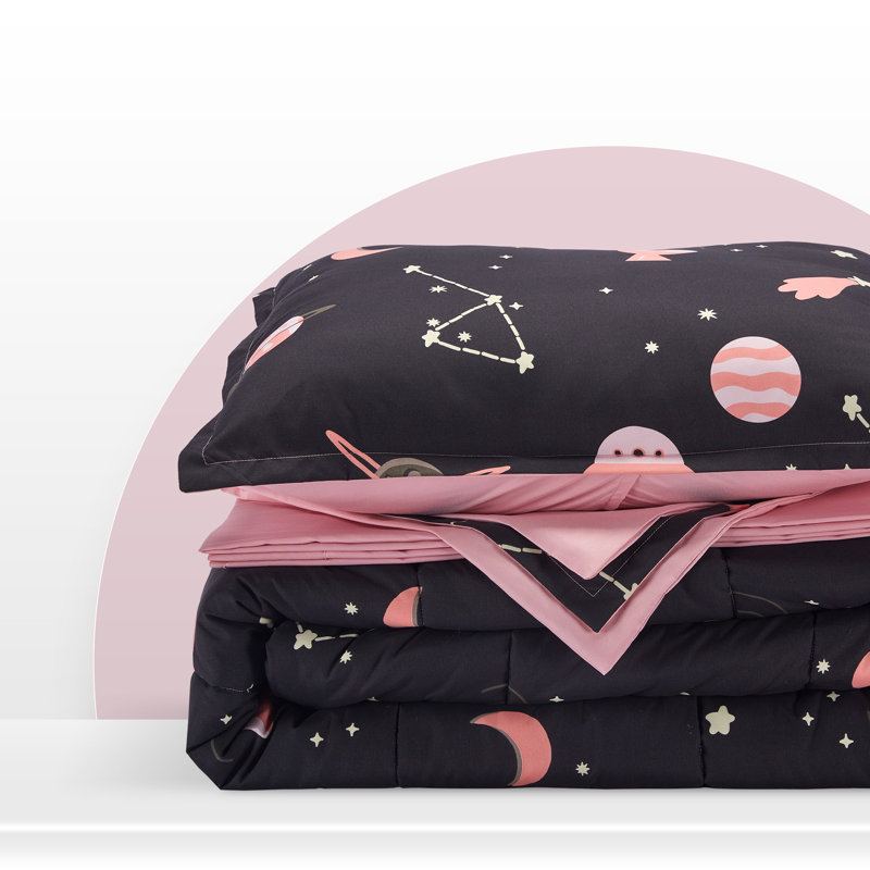Pink and Black Twin Galaxy Microfiber Kids Bedding Set