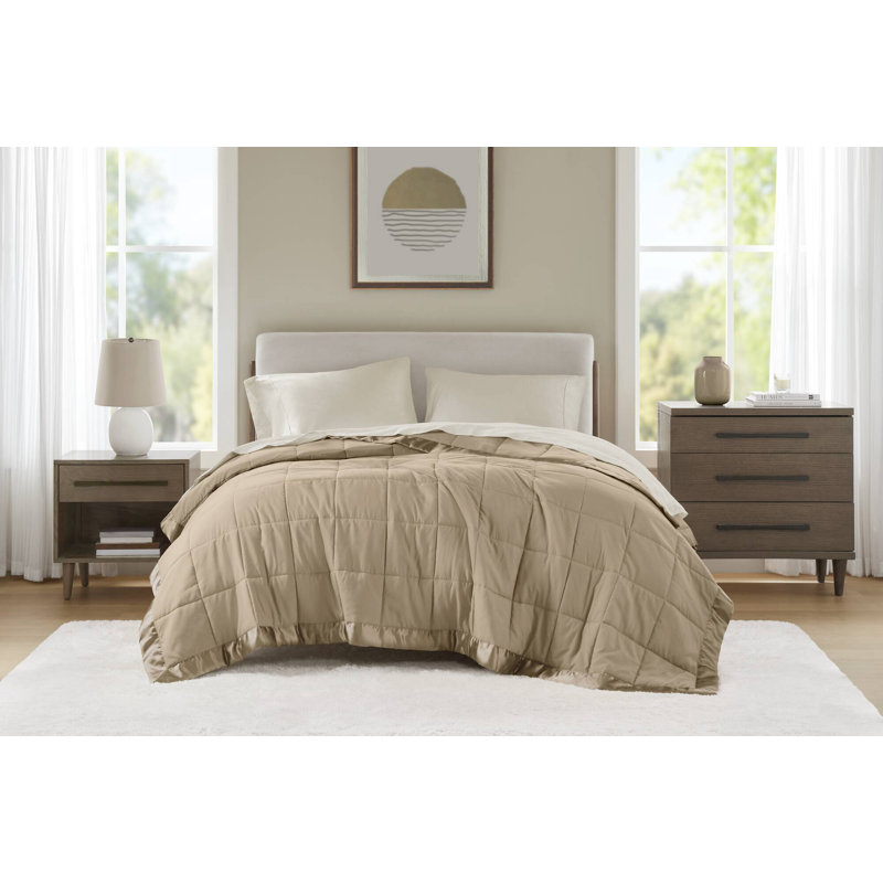 Lightweight Down Alternative Blanket with Satin Trim, Twin, Mocha