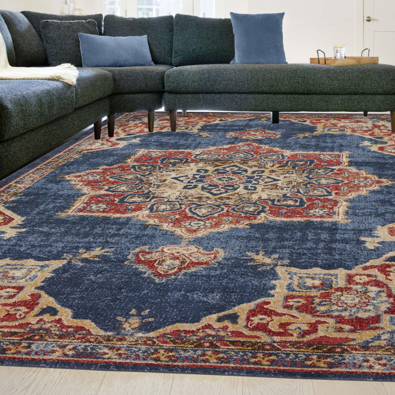 Lieveke Persian Inspired Navy Blue Area Rug, Rectangle 6'1" x 9'