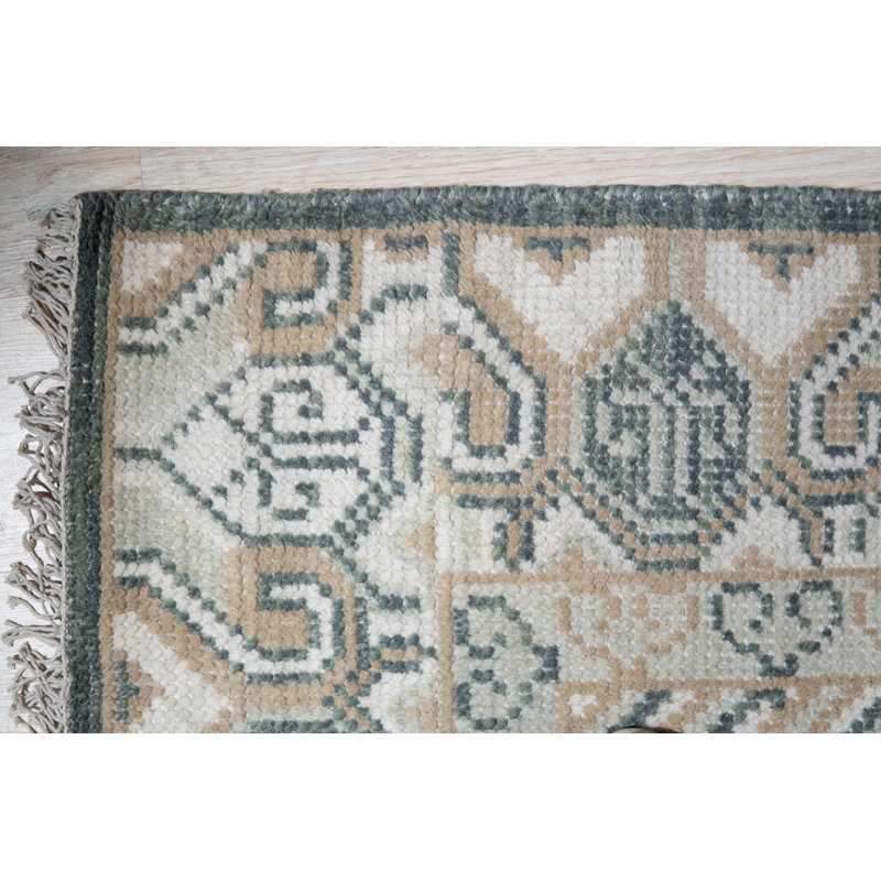 Green Hand-Knotted Wool Linked Medallions Geometric Modern Contemporary Carpet Rug, 8' x 10'