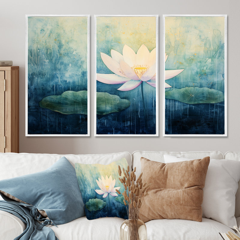 Addix - lot d'art mural lotus, Reproduction avec cadre flottant, H 40 po x l 60 po, Blanc