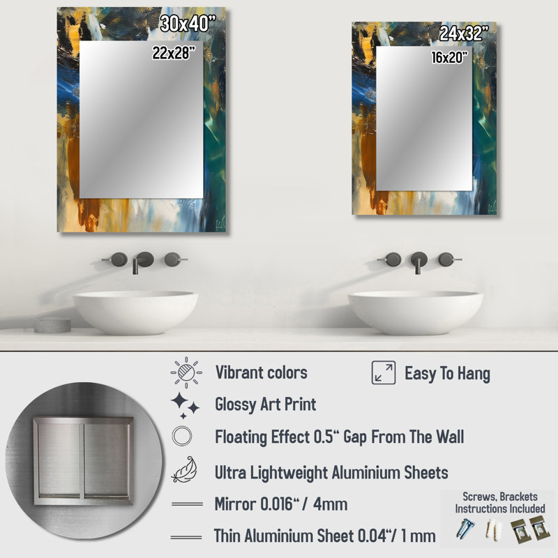 «Comfort Of Knowing Abstract Blue and Gold», peinture abstraite sur miroir, miroir mural moderne unique, impression sur métal