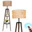 Tripod Floor Lamp with Rattan & Linen Dual Lampshades, Natural Wood Standing Light for Living Room & Bedroom