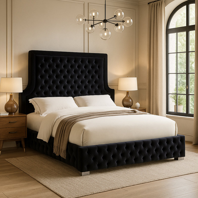 Lit plateforme tapissier Schroeder, Velours noir, Grand