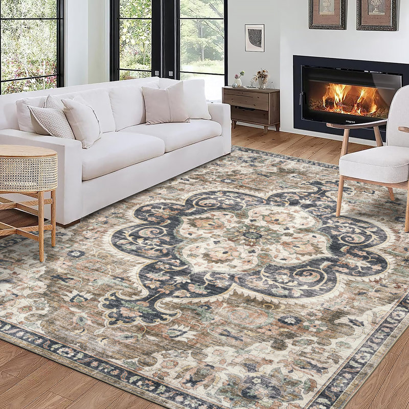 Lefkothea Joy Vintage Machine Washable Area Rug, Rectangle 5' x 7', Brown Beige